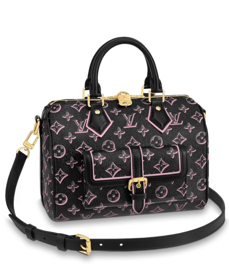 L.*V Speedy, Monogram Handbag, Compact Luxury Handbag, Cowhide Leather Trim, Adjustable Strap