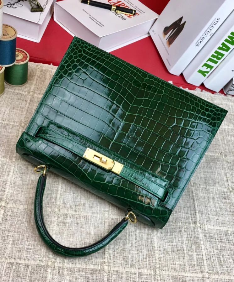 Her..mes Kelly Bag 32 Crocodile leather Green