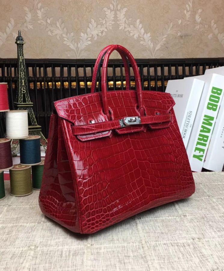 "Her..mes Birkin 25, Luxury Handbag, Crocodile Leather, Red Handbag, Designer Handbag"