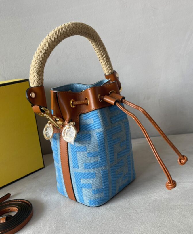 Fen.di Mon Tresor, Denim Bucket Bag, Leather Trim Bag, Bucket Bag with Detachable Straps, Gold-finish Metalware Bag