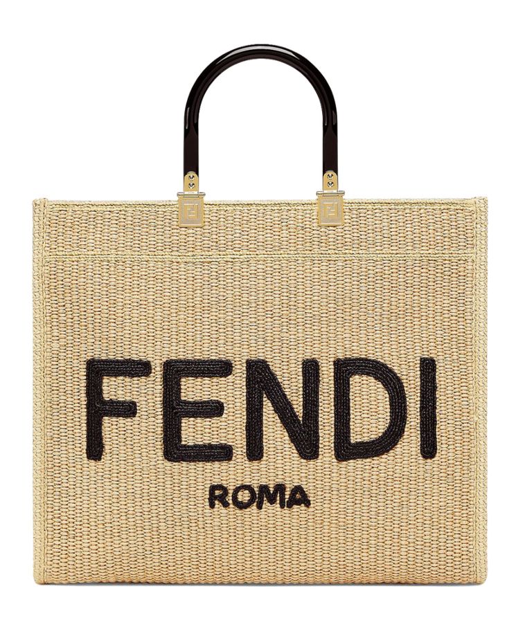 Fen.di Medium Embroidered Straw Tote Bag Apricot