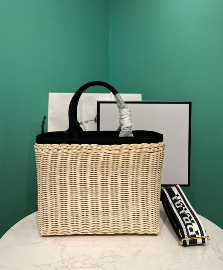 Pra.-da Wicker And Canvas Tote 1BG835 Black