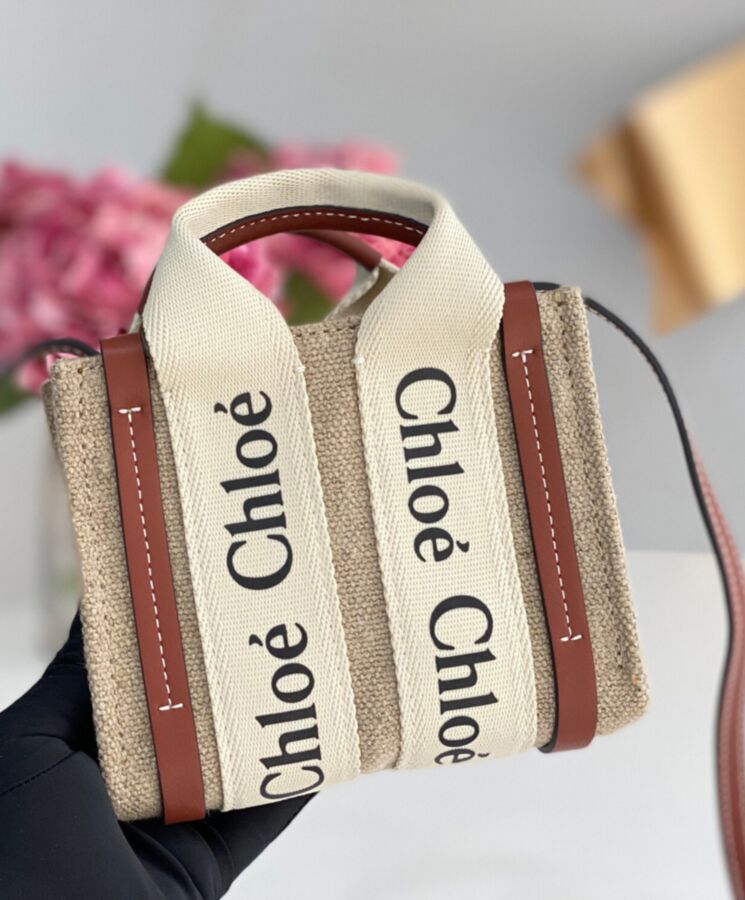 chl.oe Woody Nano, Nano Tote Bag, Designer Mini Bag, Linen Canvas Bag, Calfskin Bag