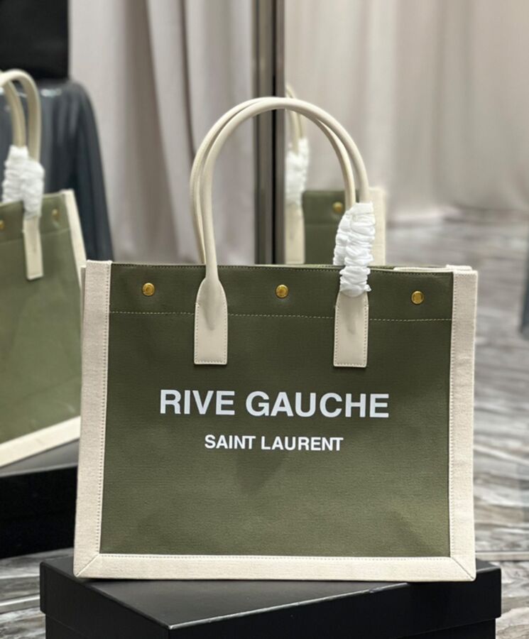 Saint.Lau.rent Rive Gauche Small Tote Bag In Linen And Leather Green