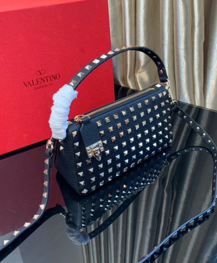 Valen.tino Small Rockstud Grainy Calfskin Crossbody Bag With All-Over Studs Black