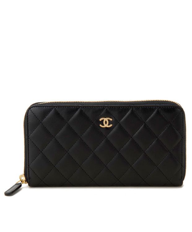 Cha.nel Matrasse Around Zipper Long Wallet Black