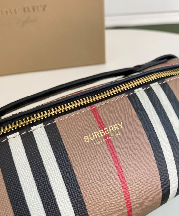 Bur.berri The Icon Stripe E-canvas and Leather Barrel Bag Apricot