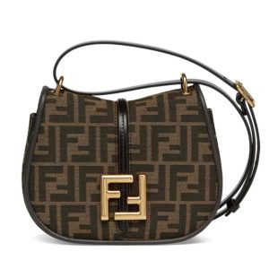 Fen.di C’mon Small, FF jacquard motif, small satchel bag, brown leather edges, adjustable leather shoulder strap.