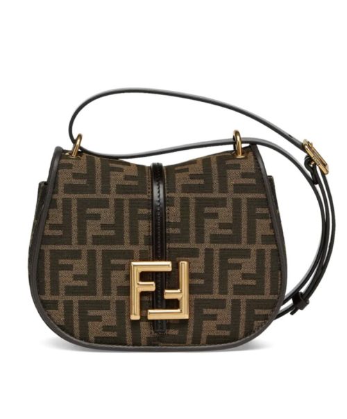 Fen.di C’mon Small, FF jacquard motif, small satchel bag, brown leather edges, adjustable leather shoulder strap.