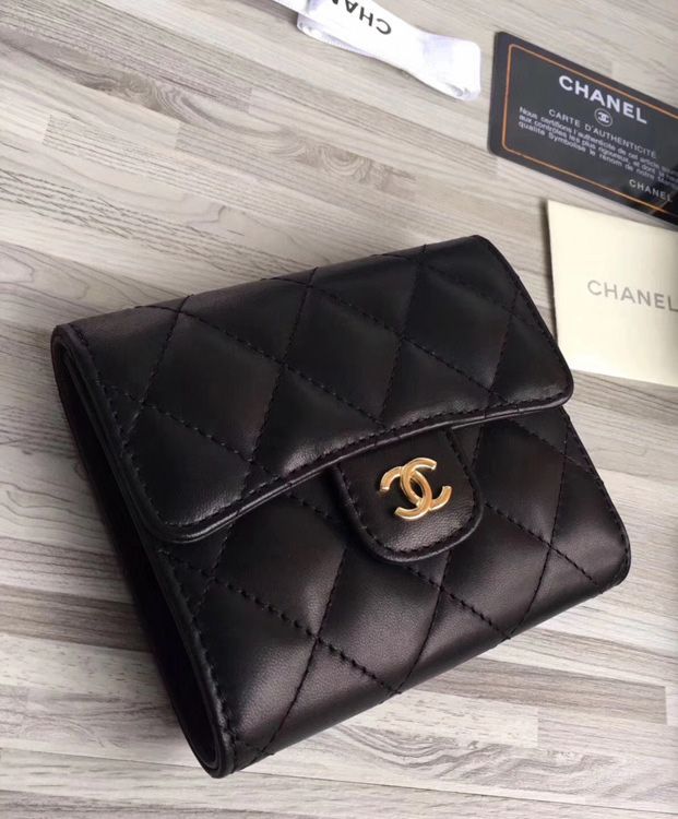 Cha.nel Lambskin Compact Flap Wallet Black