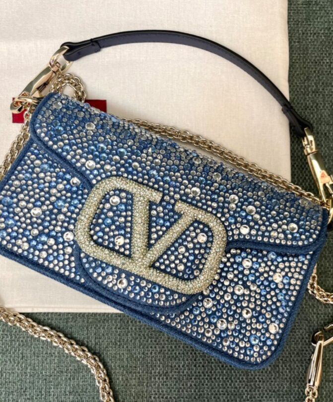 Valen.tino Small Loco Denim Shoulder Bag With Rhinestones Blue