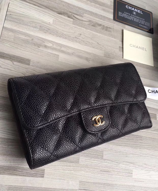 Cha.nel Quilted Flap Wallet in Caviar A31506 Black