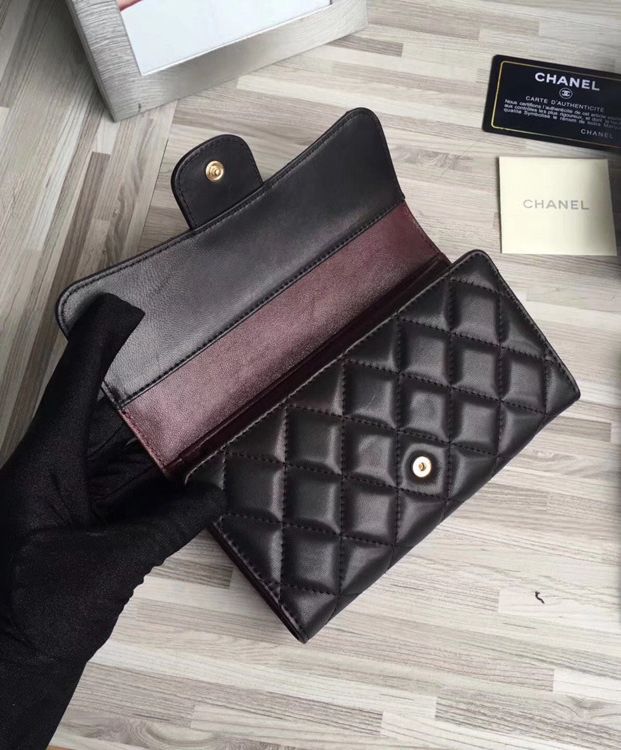 Cha.nel Lambskin Quilted, Large Flap Wallet, Black Lambskin Wallet