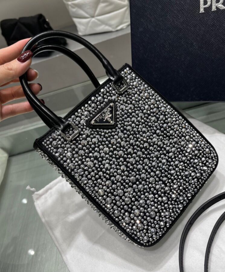 Pra.-da Small crystal-studded satin tote bag 1BA331 Black