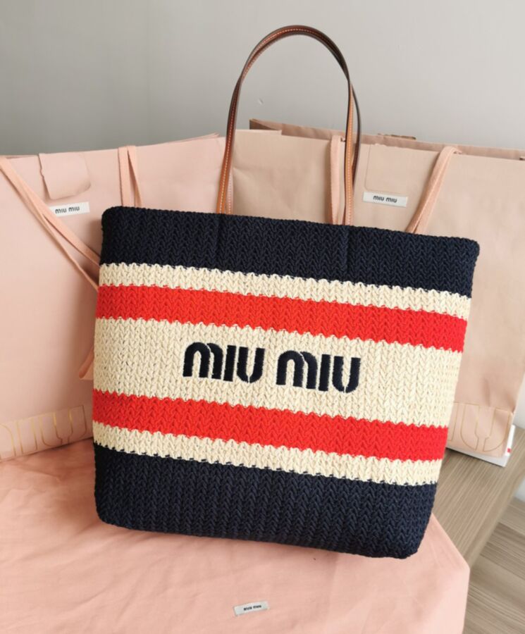 Miu*miu Raffia And Cotton Tote Bag 5BG228 Black