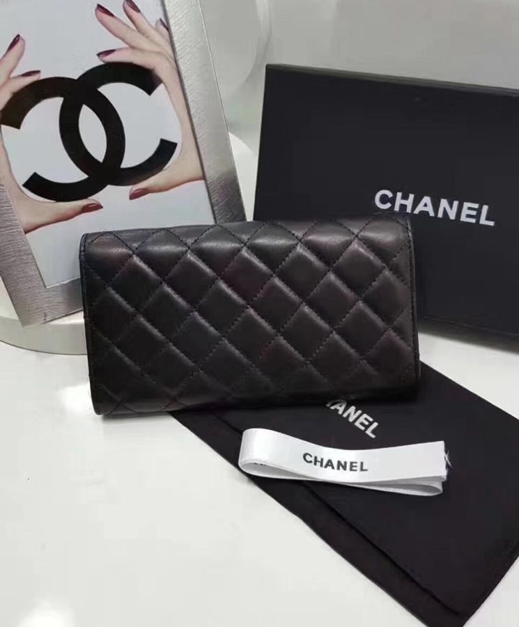 Cha.nel Rectangle Quilted Wallet in Lambskin Black