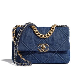 Cha.nel 19 Flap Bag, AS1160 Blue, Luxury Handbag, High-quality Denim, Gold-Tone Metal, SiL.*Ver-Tone Metal, Ruthenium-Finish Metal.