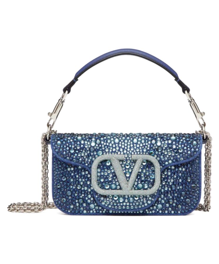 Valen.tino Small Loco Denim Shoulder Bag With Rhinestones Blue