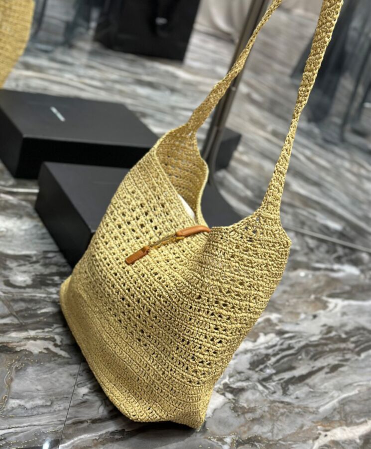 Saint.Lau.rent Hobo Raffia Bag In Crochet And Smooth Leather Apricot