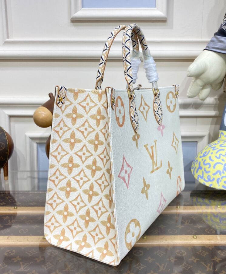 L.*V OnTheGo, Monogram coated canvas, luxury tote bag, L.*V OnTheGo Apricot, Oversized Monogram Bag