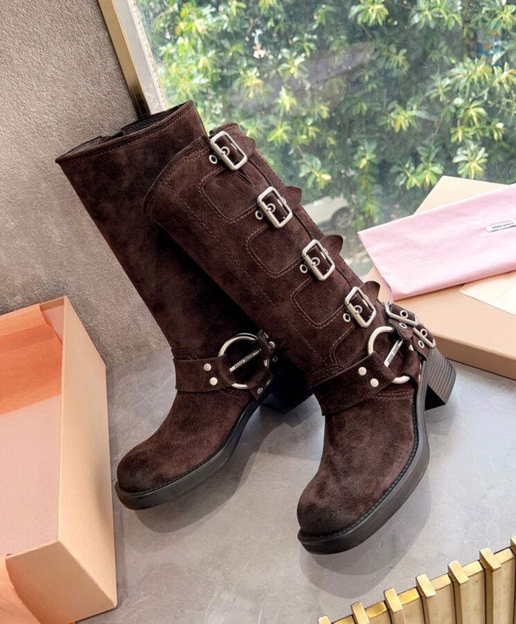 Miu*miu Women’s Suede Boots Dark Coffee