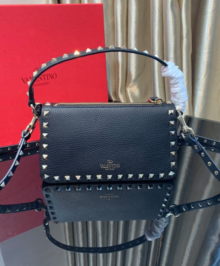 Valen.tino Small Rockstud Grainy Calfskin Crossbody Bag With All-Over Studs Black