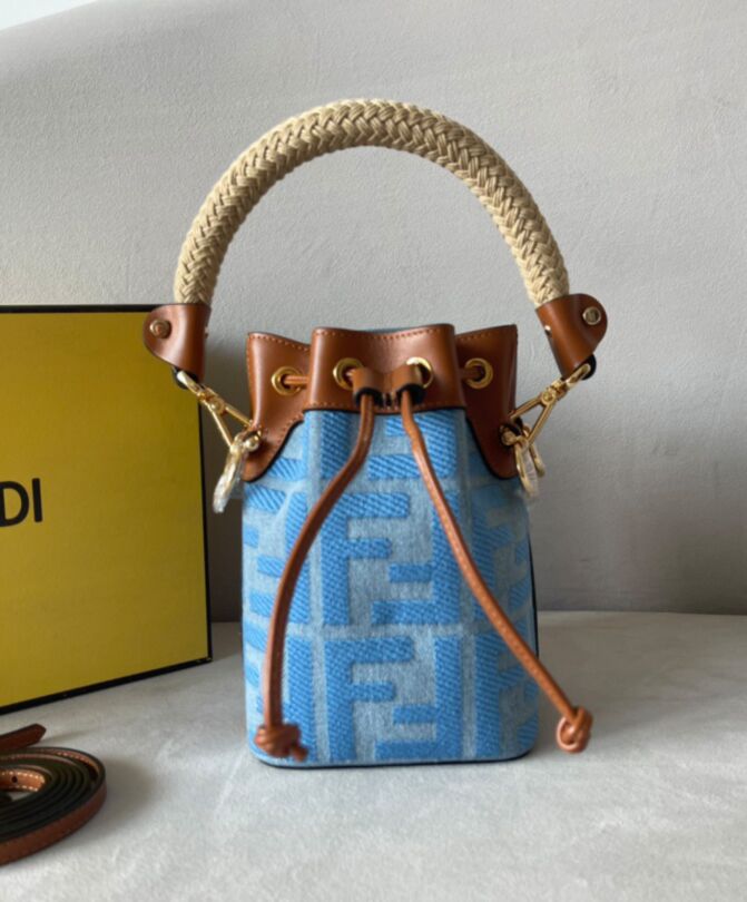 Fen.di Mon Tresor, Denim Bucket Bag, Leather Trim Bag, Bucket Bag with Detachable Straps, Gold-finish Metalware Bag