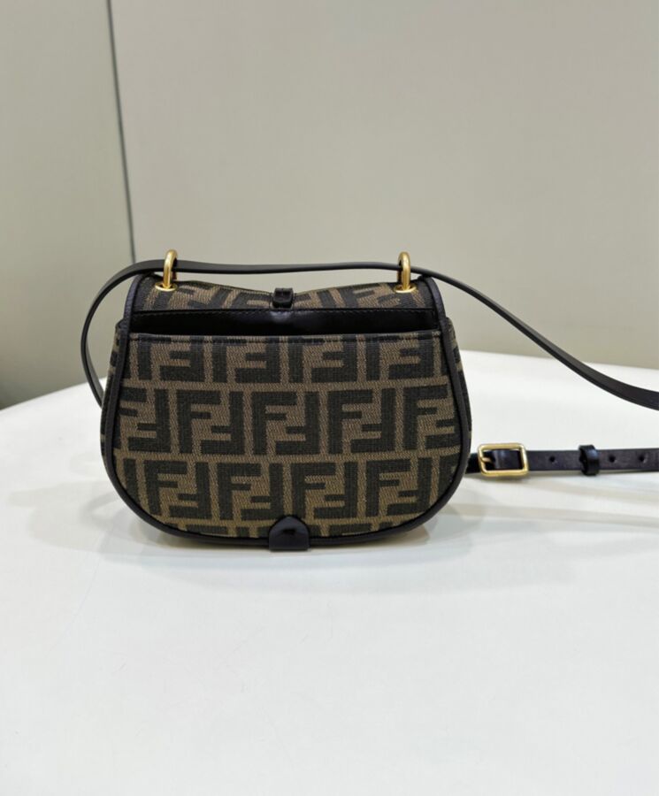 Fen.di C’mon Small, FF jacquard motif, small satchel bag, brown leather edges, adjustable leather shoulder strap.