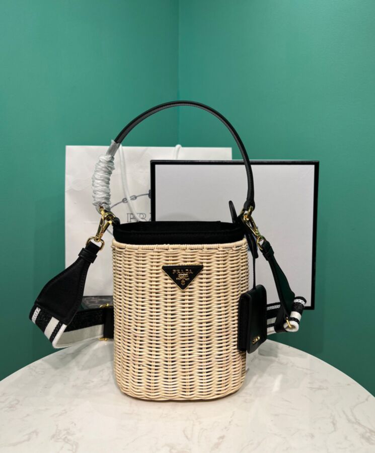 Pra.-da Wicker And Canvas Bucket Bag 1BE062 Black