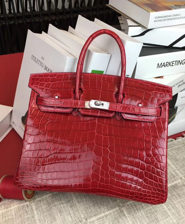 "Her..mes Birkin 25, Luxury Handbag, Crocodile Leather, Red Handbag, Designer Handbag"