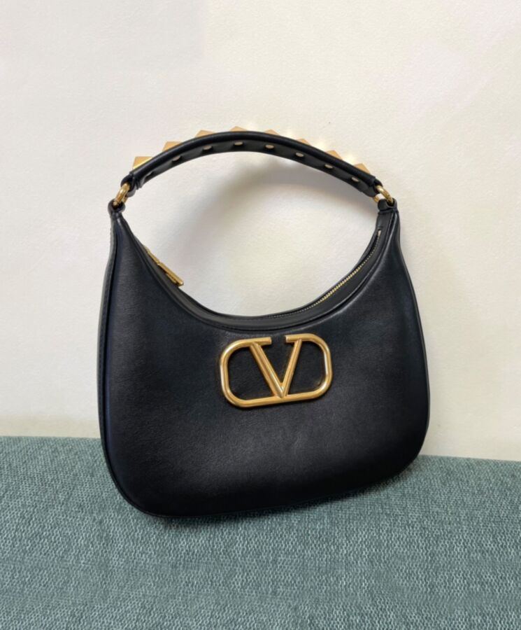 Valen.tino Stud Sign Calfskin Hobo Bag Black