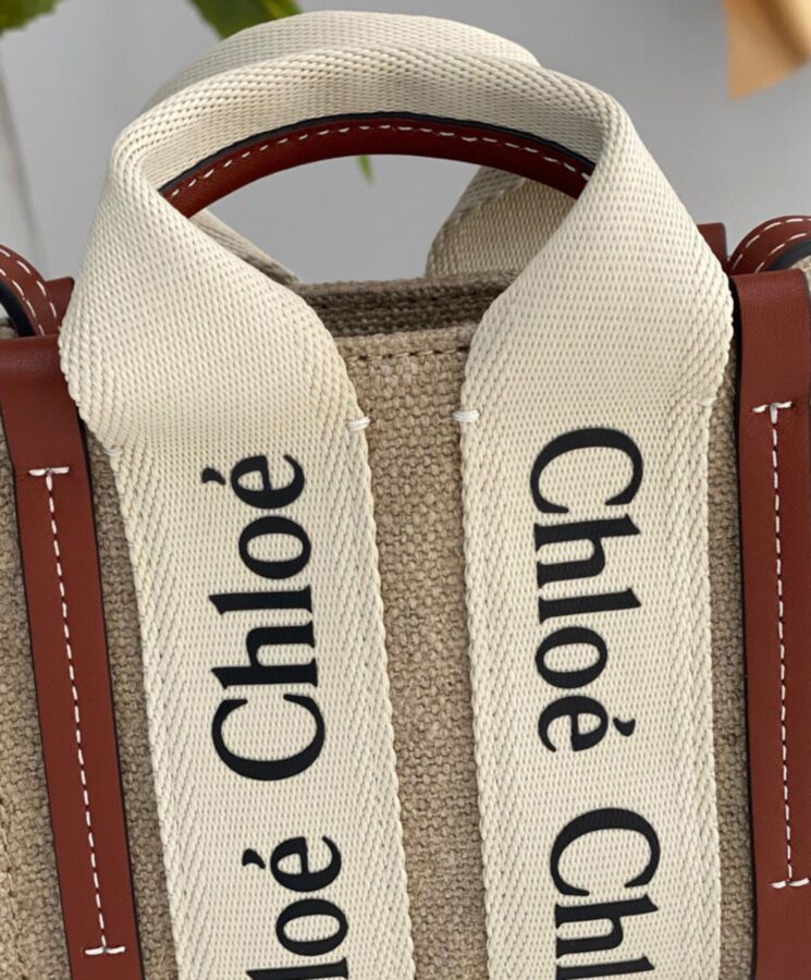 chl.oe Woody Nano, Nano Tote Bag, Designer Mini Bag, Linen Canvas Bag, Calfskin Bag