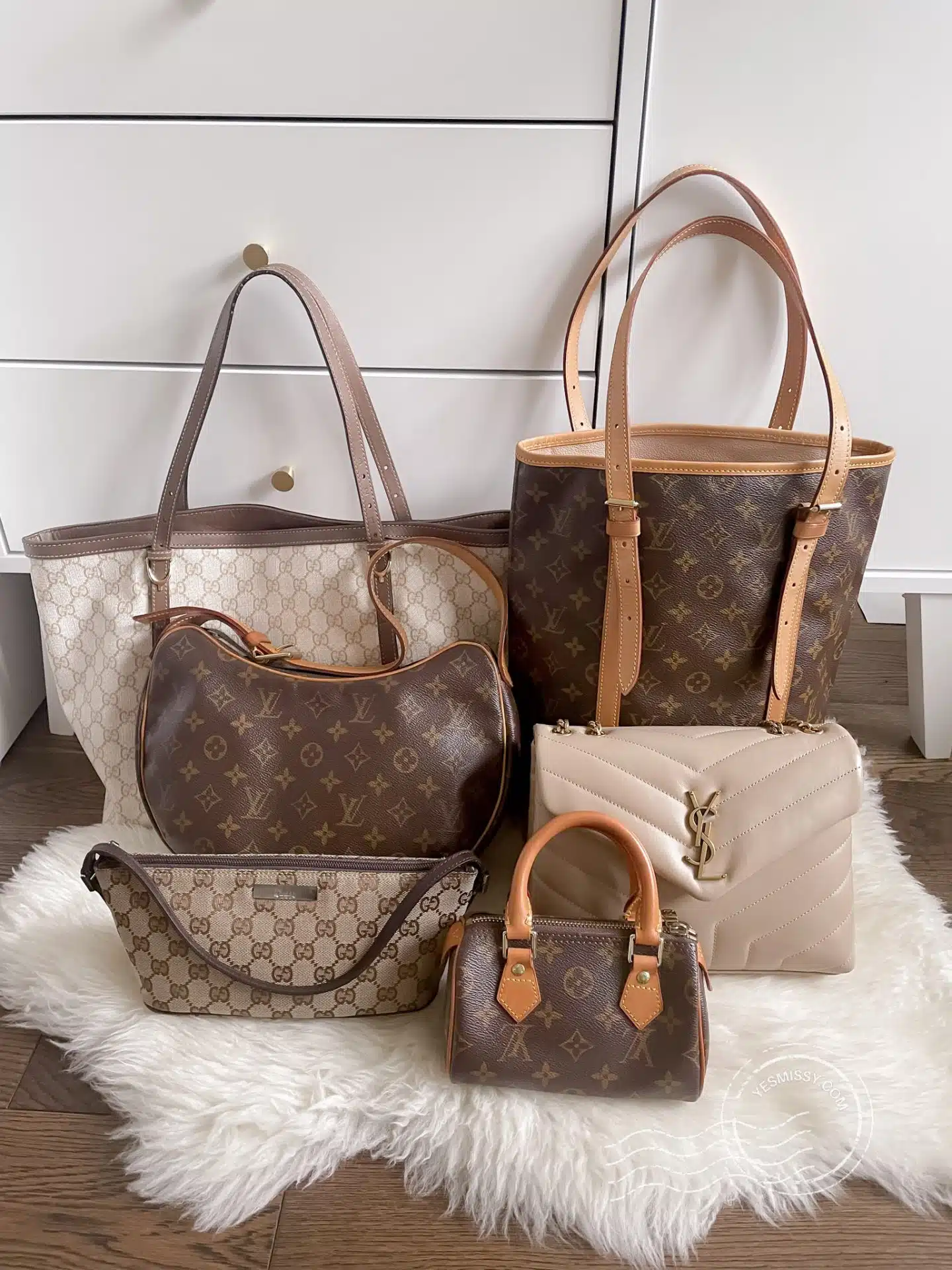 neutral designer bag collection L.*V bucket bag croissant mini speedy G.U.C.C tote pouchette ysl loulou YESMISSY 2